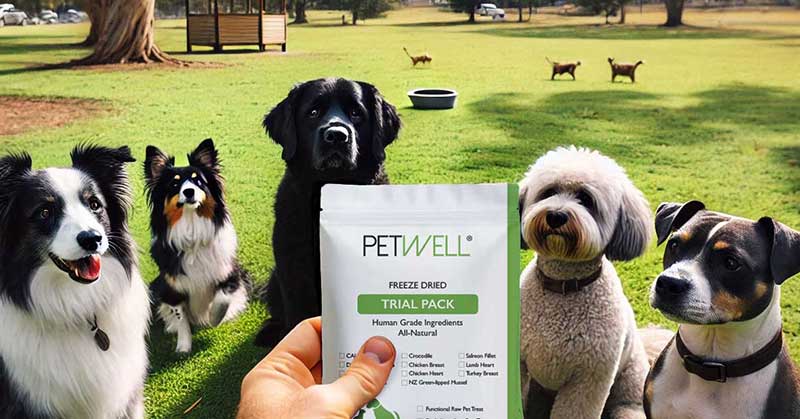 group of dogs in a park looking at someone holding a PetWell trial pack of treats