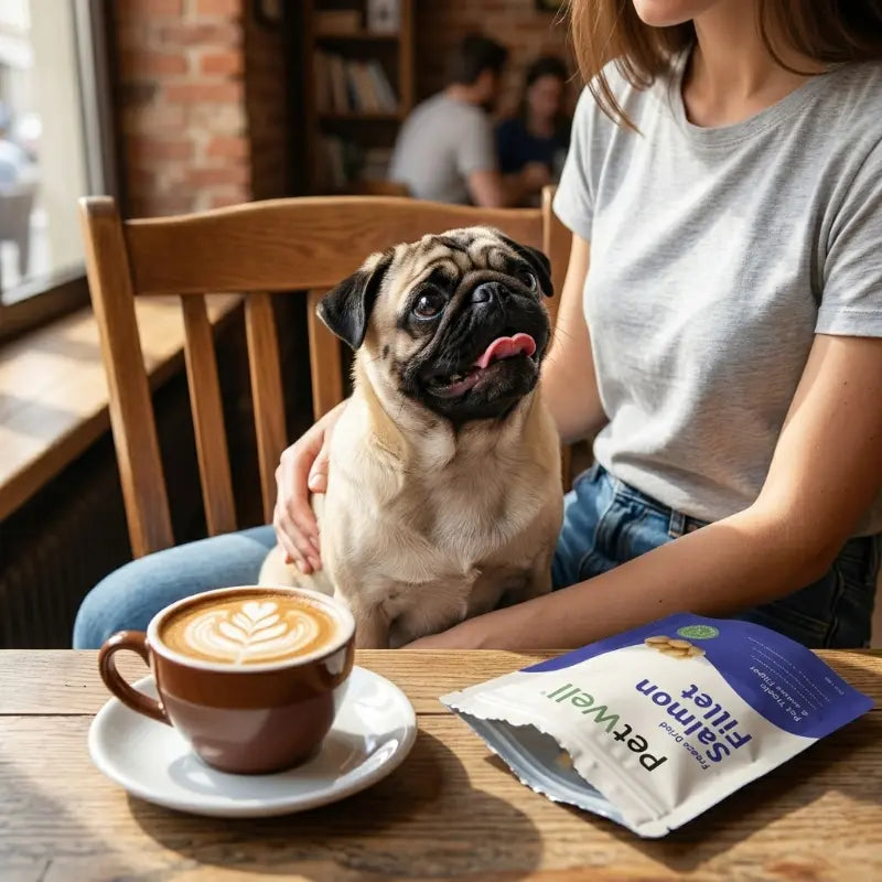 Person with a pug dog sitting at a table with a coffee cup and pet waste bag in a cafe.