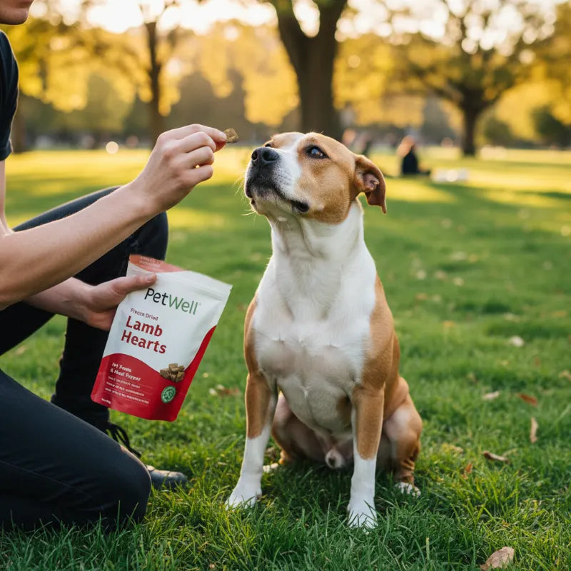 Person holding a 'PetWell' product with a dog sitting on grass in a park