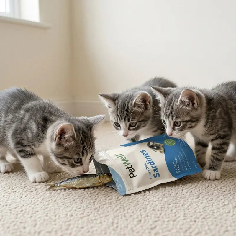 Three cats with a pack of PetWell sardines